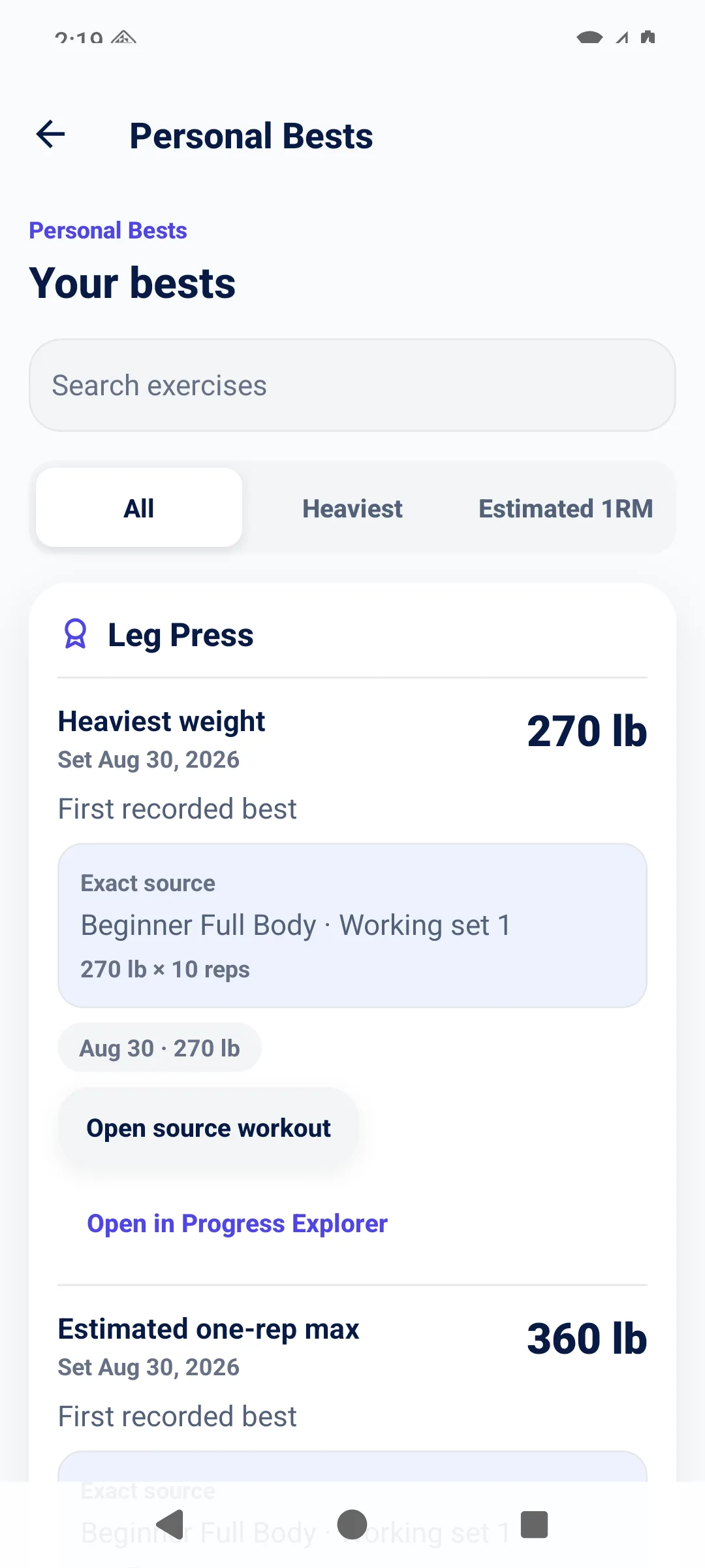 SteadyReps Personal Bests screen listing the heaviest weight and estimated one-rep max for leg press with the exact source workout.