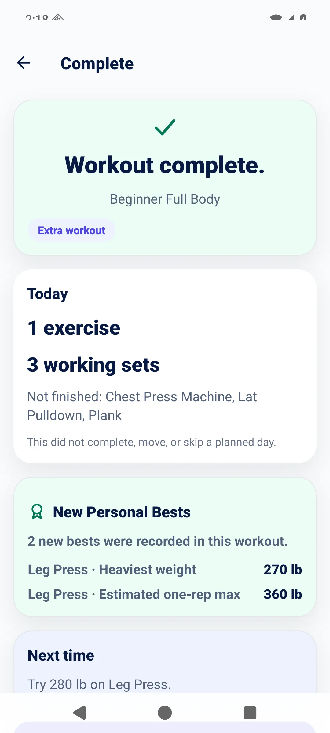 SteadyReps workout complete screen for a beginner full body routine with new personal bests and a suggested next-time load.