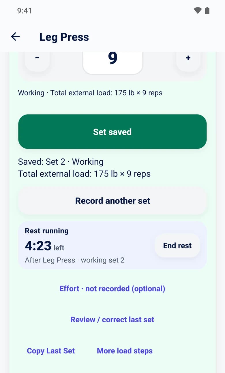 SteadyReps leg press set saved, 175 pounds by 9 reps, with Record another set and a rest timer at 4 minutes 23 seconds left with End rest.