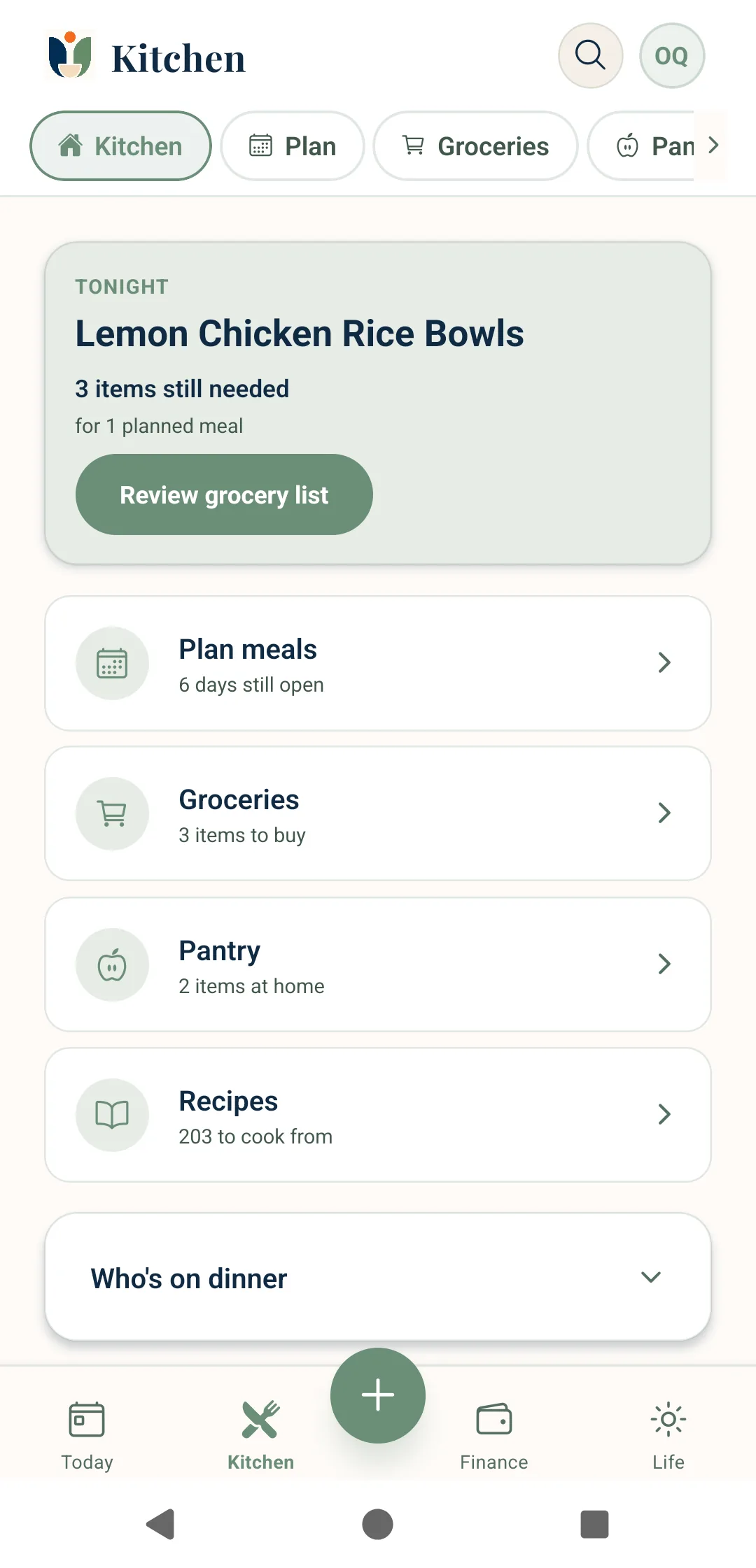 Unburden Kitchen overview with tonight's lemon chicken rice bowls, meal planning, groceries, pantry, and recipes.