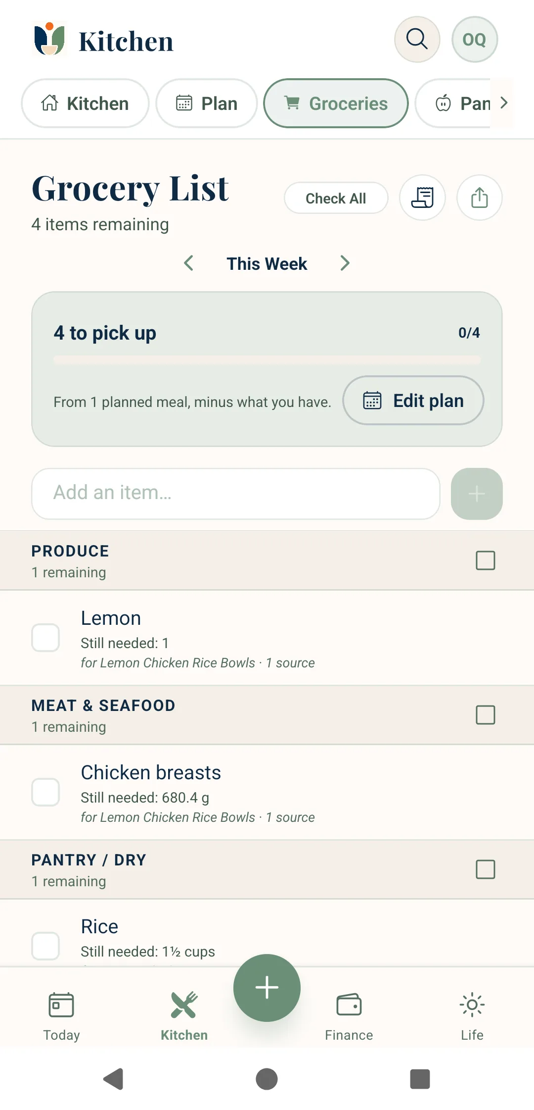 Unburden grocery list grouped into produce, meat and seafood, and pantry, with four items still to pick up.