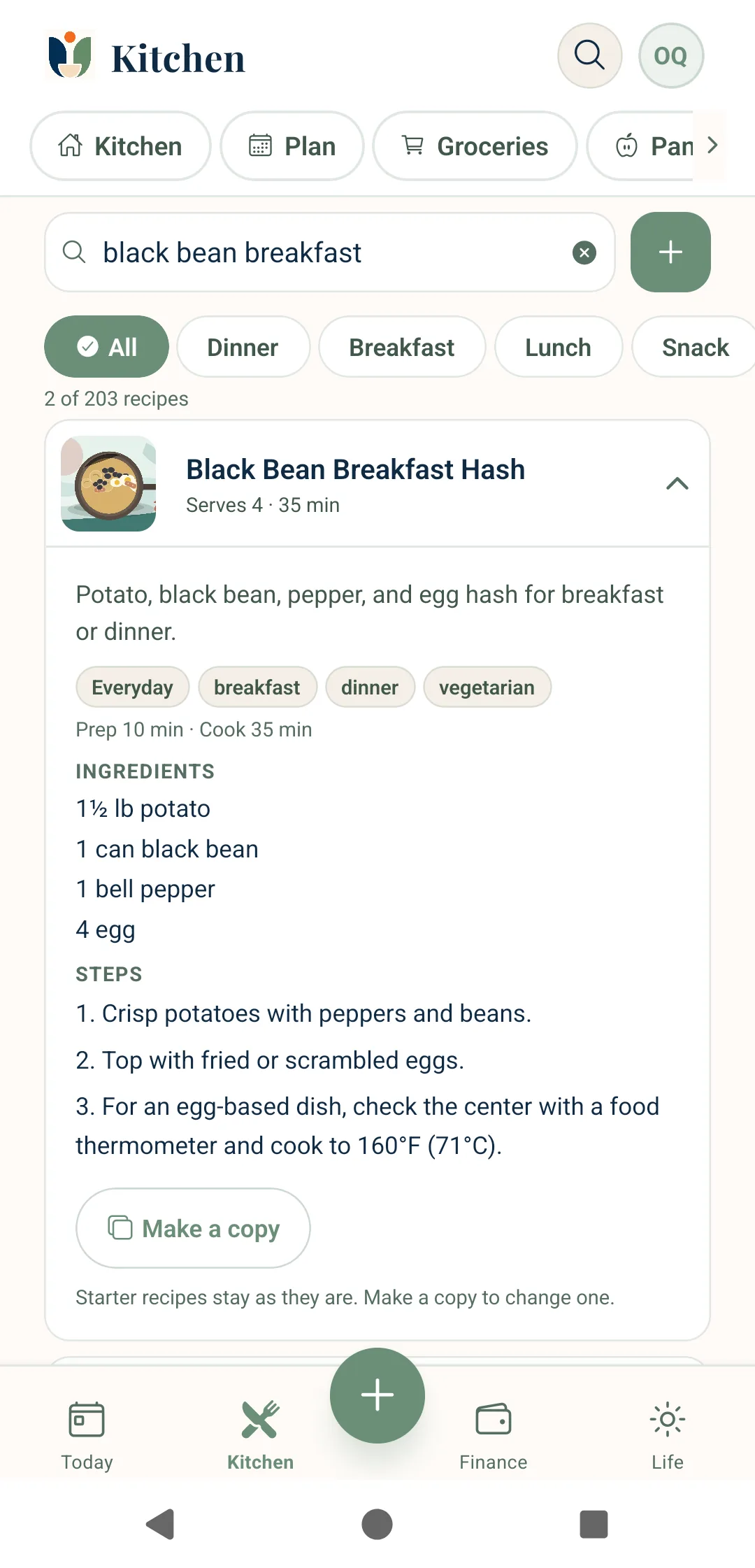 Unburden recipe detail for a black bean breakfast hash with ingredients, steps, and a make-a-copy button.