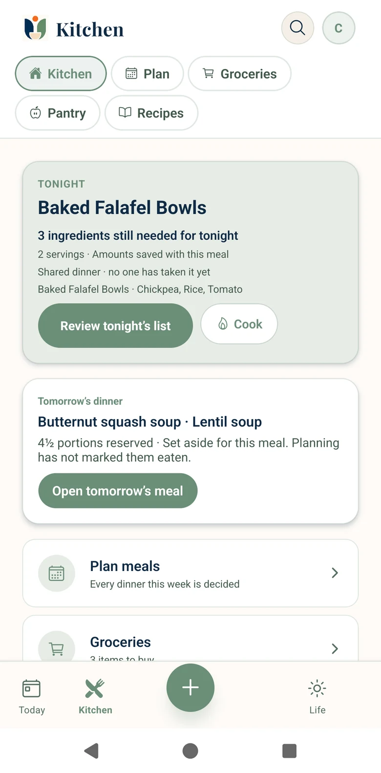 Unburden Kitchen with tonight's Baked Falafel Bowls, three ingredients still needed and nobody yet taking the shared dinner, tomorrow's soup with four and a half portions set aside, and links to plan meals and groceries.