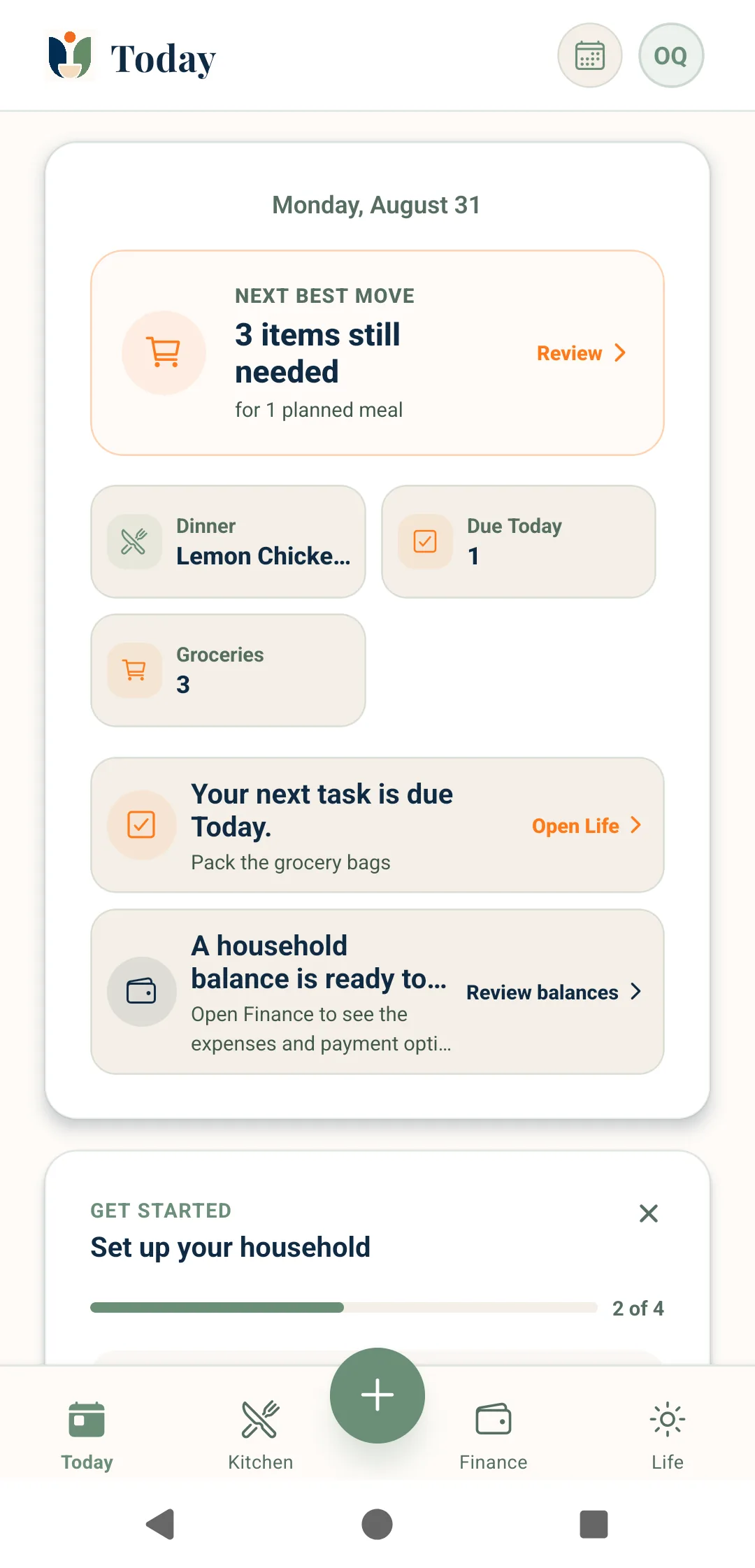 Unburden Today screen for a Monday, showing the next best move, tonight's dinner, one task due today, three groceries to buy, and a household balance ready to review.