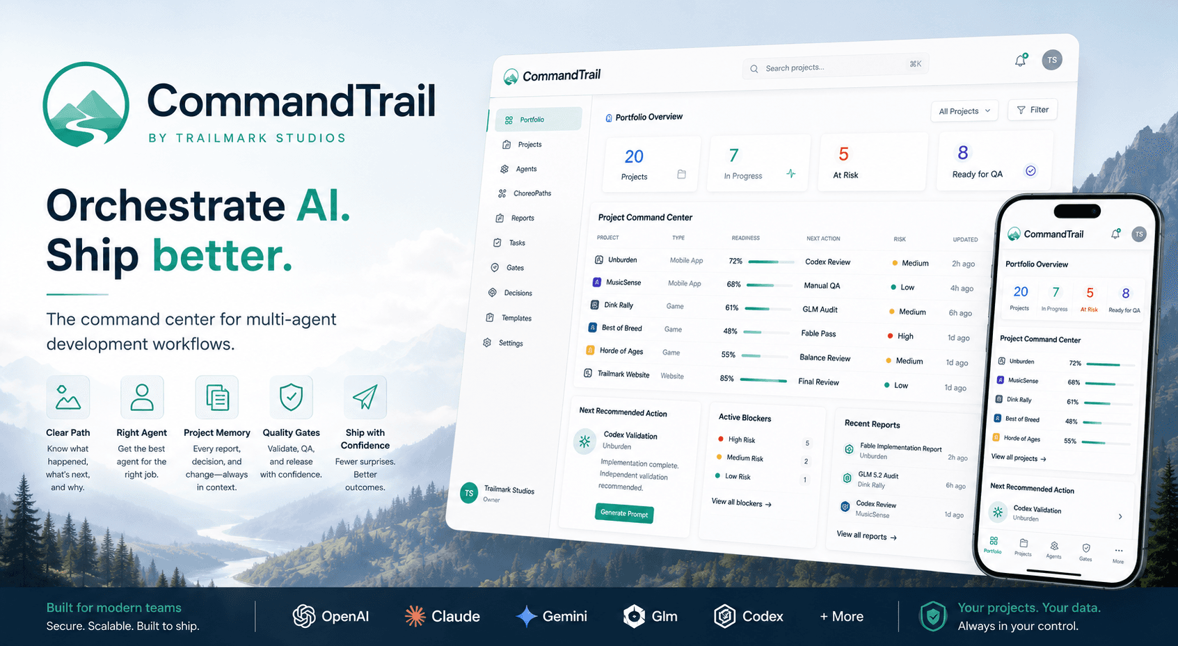 CommandTrail hero art showing an AI-assisted project orchestration dashboard and alpine brand system.