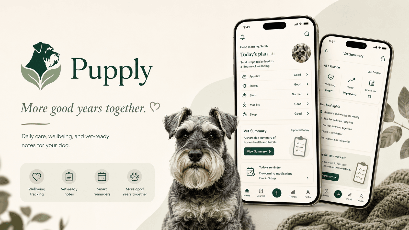 Pupply hero art showing a calm dog wellbeing companion app and green natural brand system.