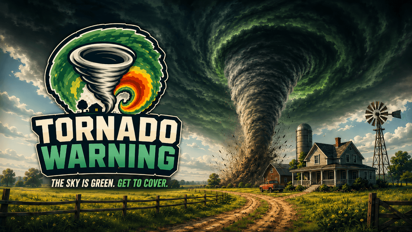 Tornado Warning hero art showing top-down storm survival gameplay, shelter planning, and warning UI.