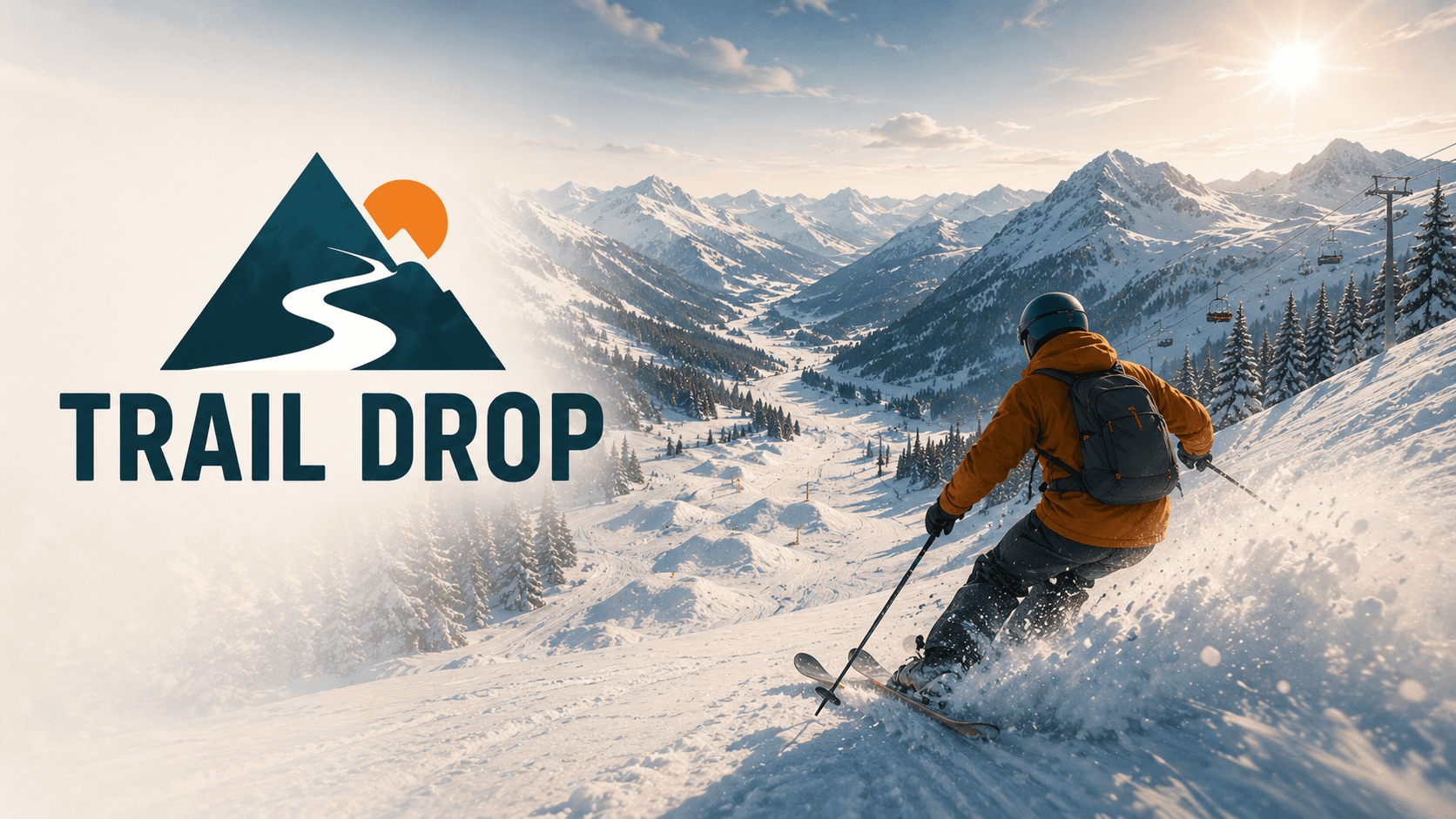 TrailDrop hero art showing a skier carving down an alpine mountain run.