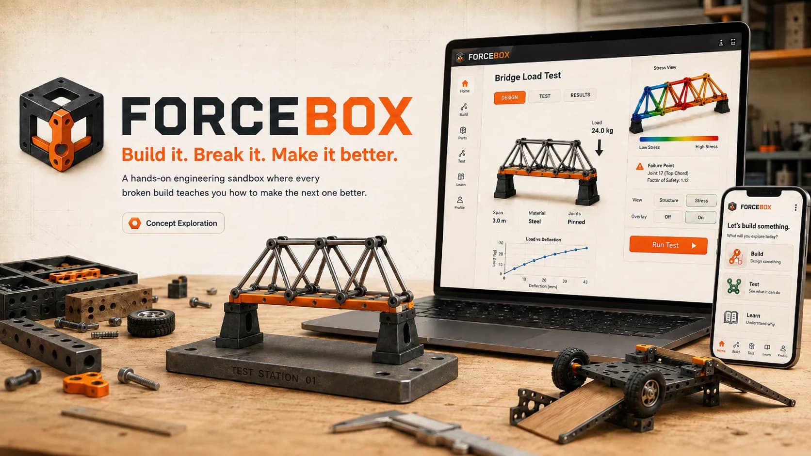 ForceBox concept art showing modular engineering parts and a bridge load test on a workbench.