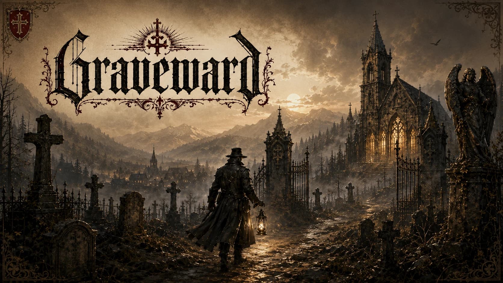 Graveward concept art showing a vampire hunter entering an old-world cemetery beneath a gothic church.