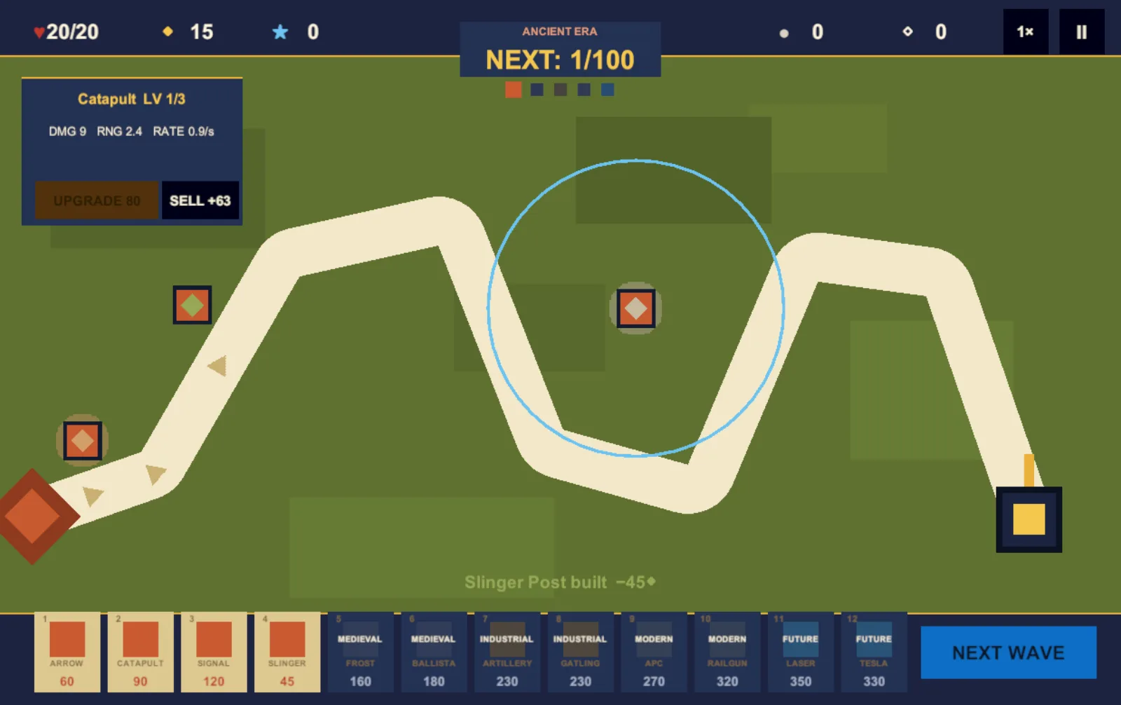 Horde of Ages in-engine capture: tower placement on a winding path with an upgrade panel, era track, and tower shop.