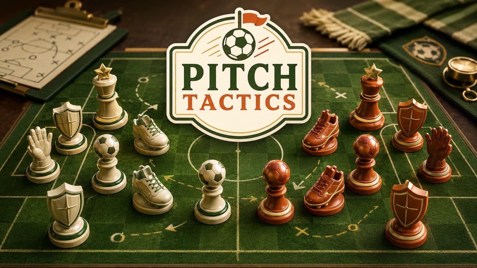 Pitch Tactics concept art showing warm soccer strategy branding and a tactical field-grid direction.