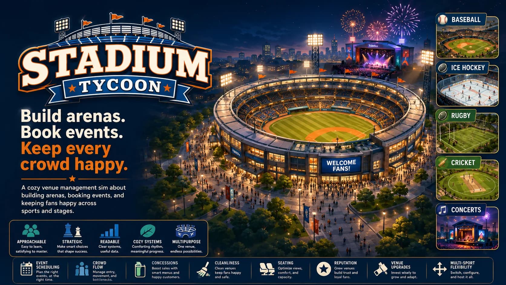 Stadium Tycoon concept art showing a floodlit multi-sport arena and cozy venue-management branding.