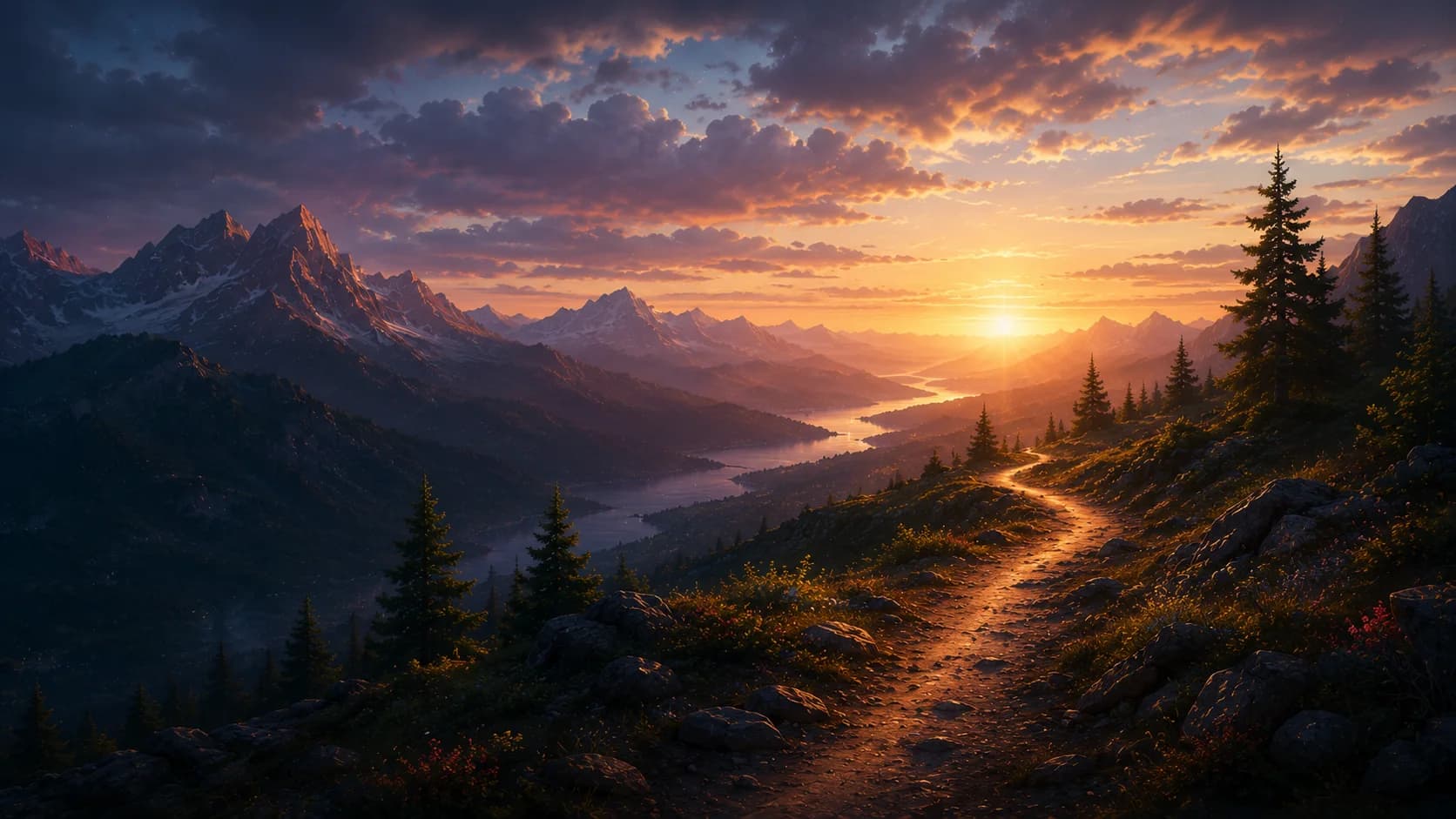 A mountain trail at sunset, representing the start of a conversation with Trailmark Studios.