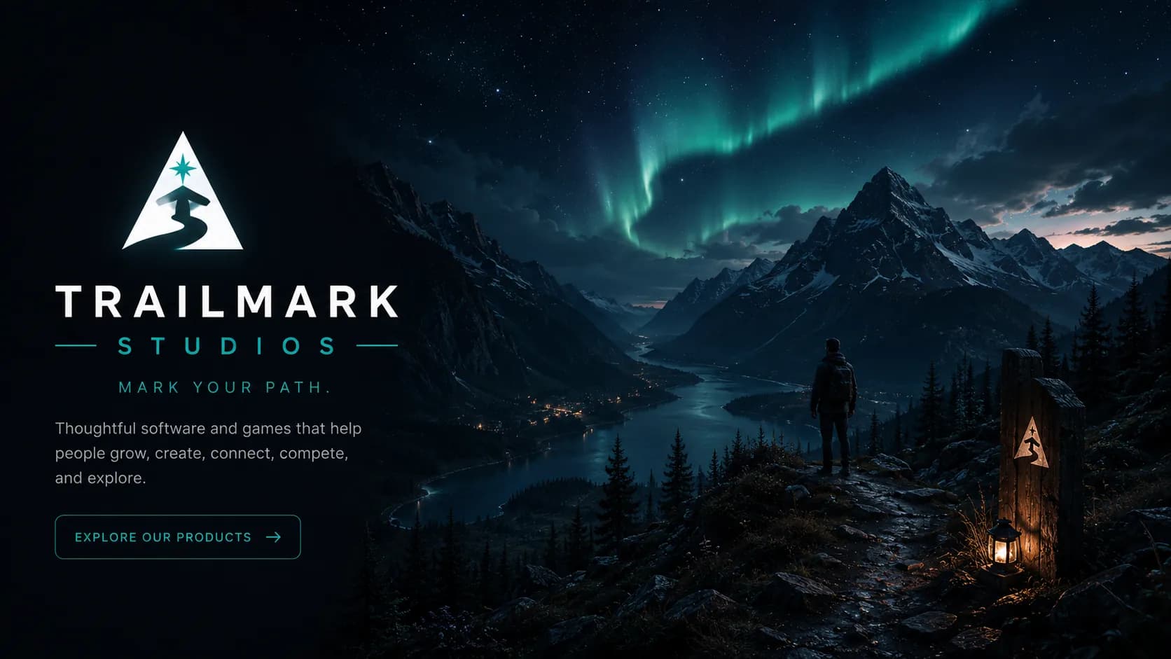 Trailmark Studios hero art with a mountain path, aurora, and the studio mark.