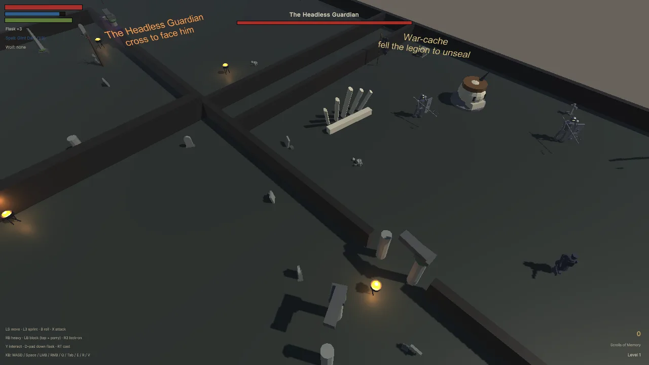 Dark Scrolls built-player capture showing magic combat against the Headless Guardian.