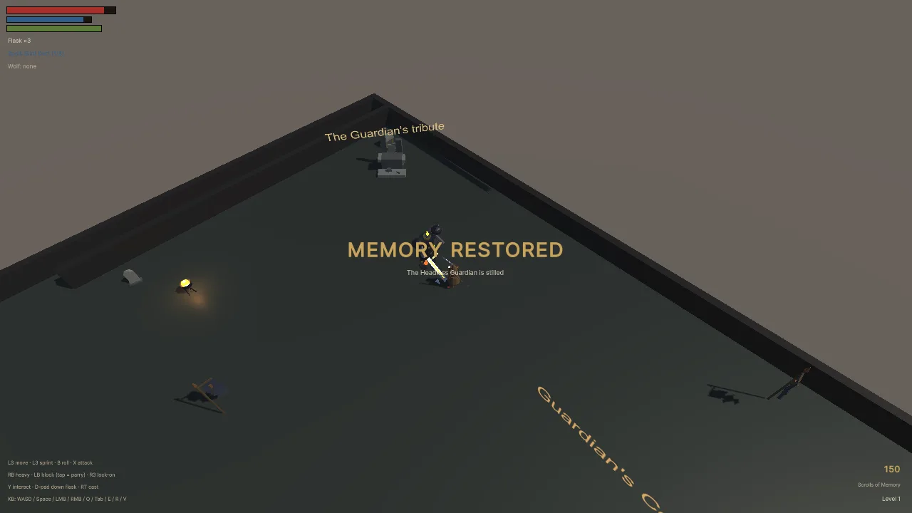 Dark Scrolls built-player capture showing Memory Restored after the Headless Guardian is defeated.