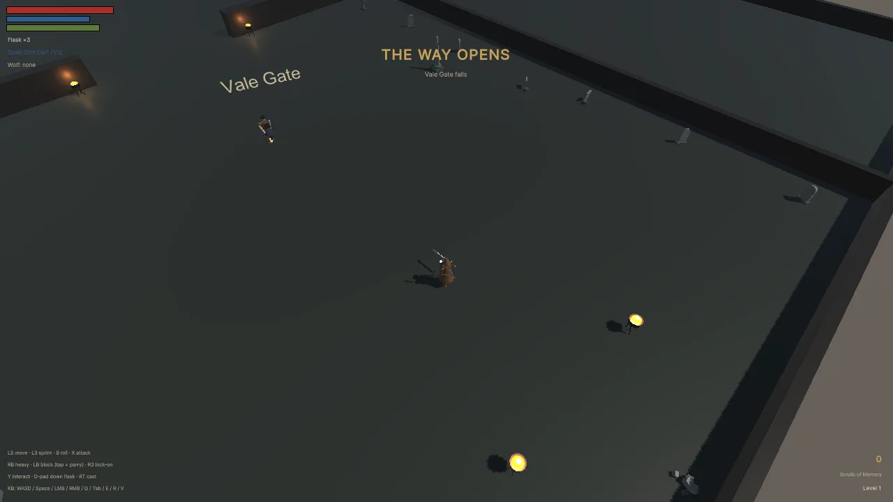 Dark Scrolls built-player capture showing a mandatory loot pickup opening the Vale Gate.