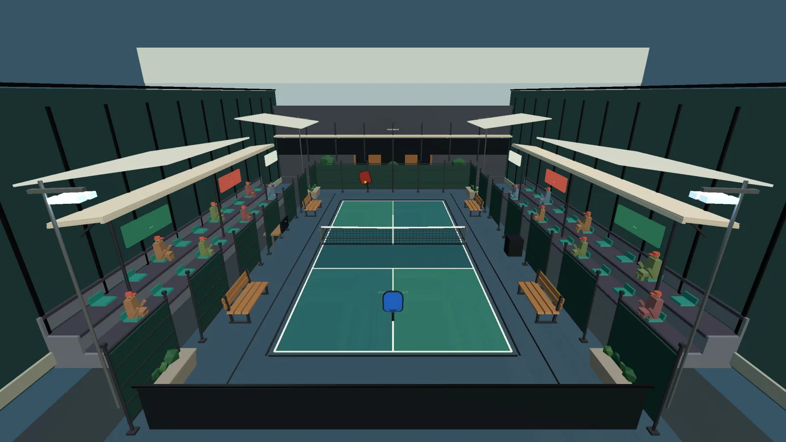 Dink Rally screenshot showing an angled view of the arena and court during play.