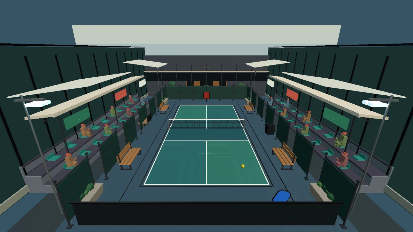 Dink Rally screenshot of the pickleball show court viewed head-on with crowd stands.