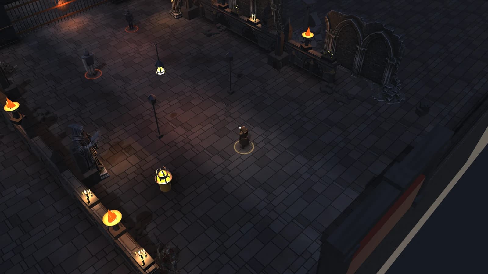 Dark Scrolls Cathedral Row with worn stone paving, lanterns, gothic arches and enemies guarding the closed gate.