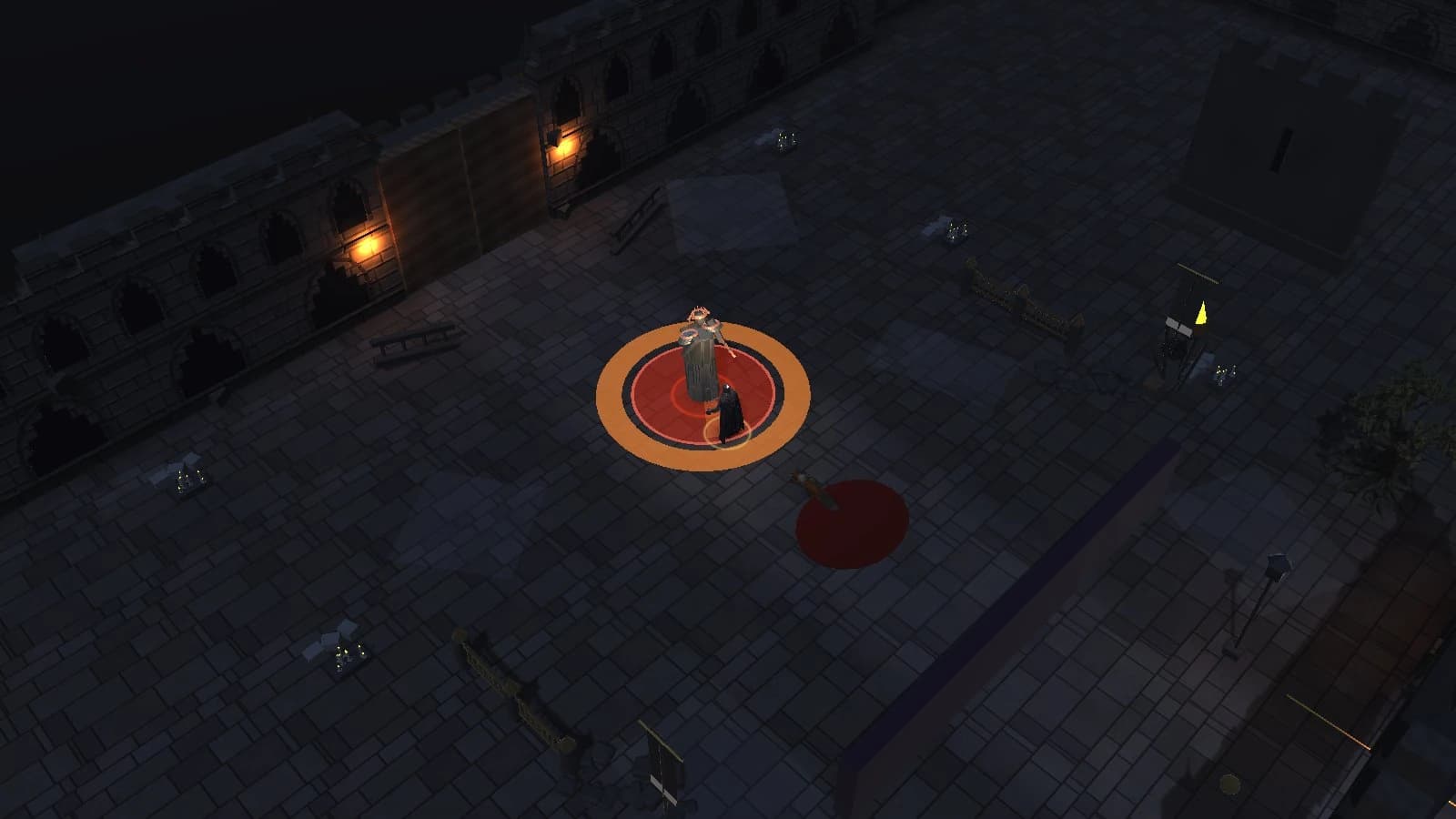 Dark Scrolls Hollow Regent encounter with a wide circular attack warning in the stone court.