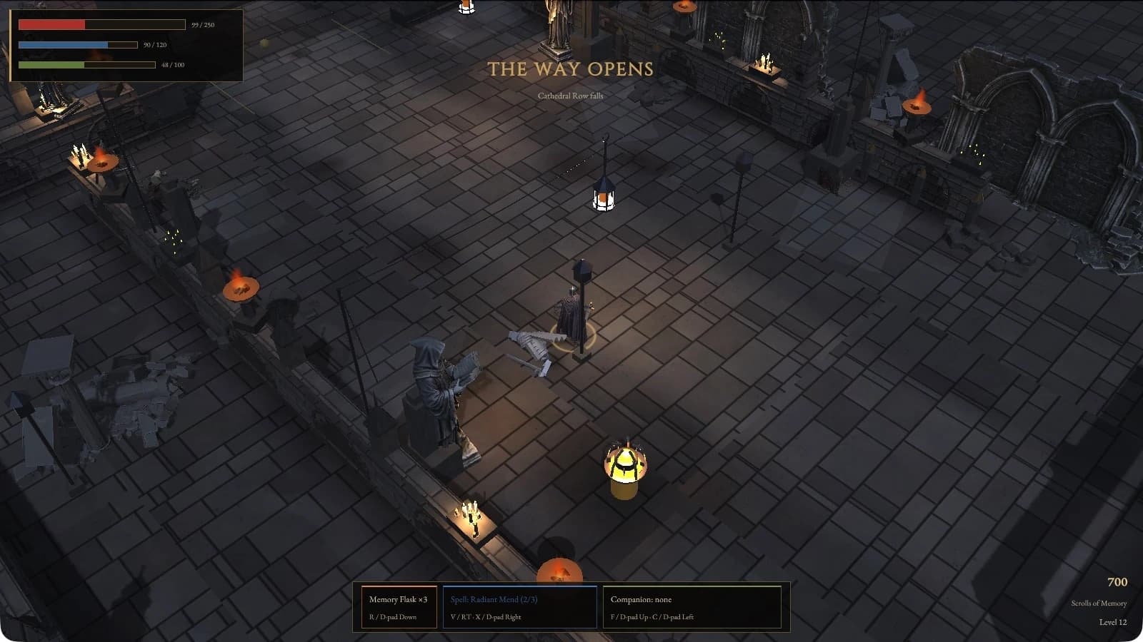 Dark Scrolls banner reading The Way Opens, Cathedral Row falls, over the lantern-lit court with a fallen enemy near the player and the HUD shown.