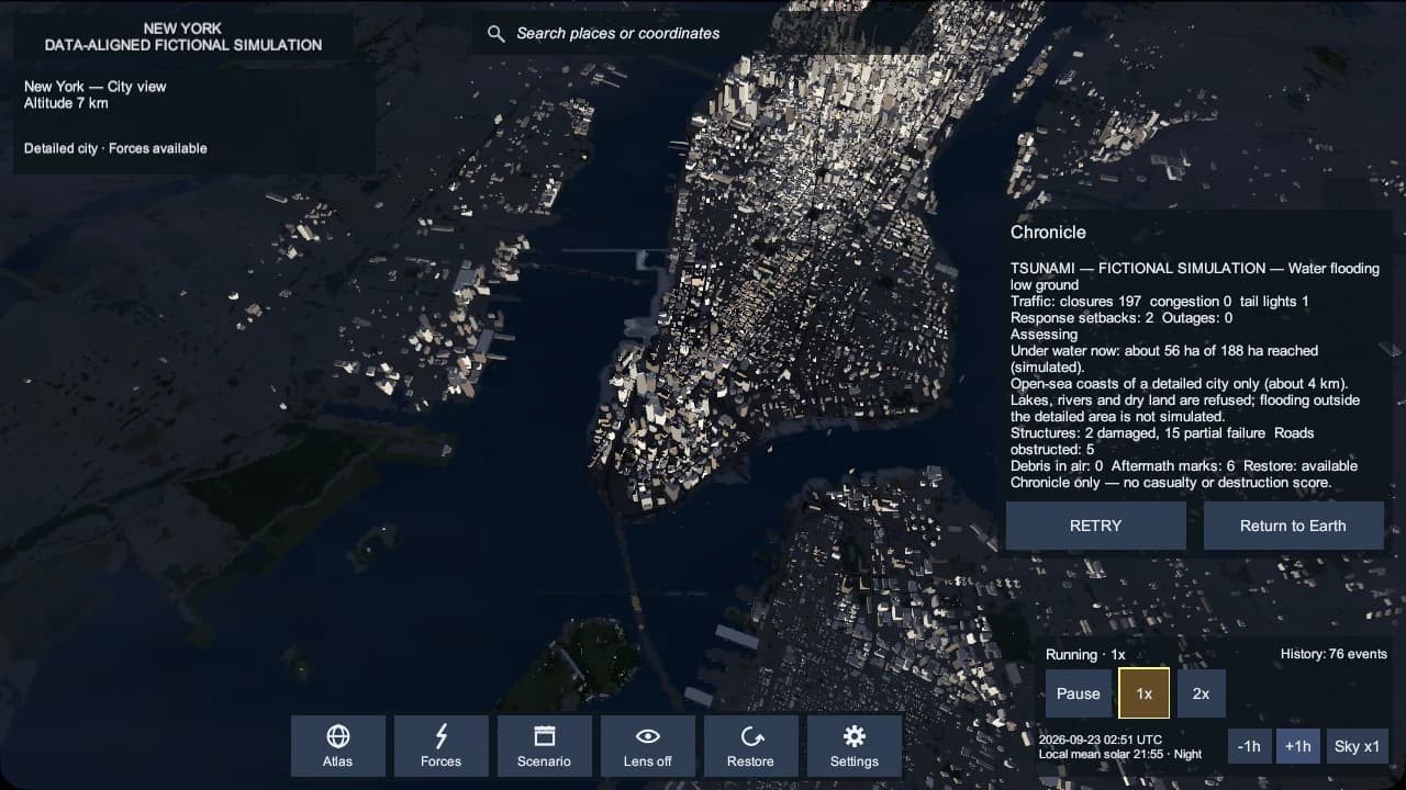 Disaster: Earth at night over Manhattan from 7 km: lit towers along the island against dark rivers.