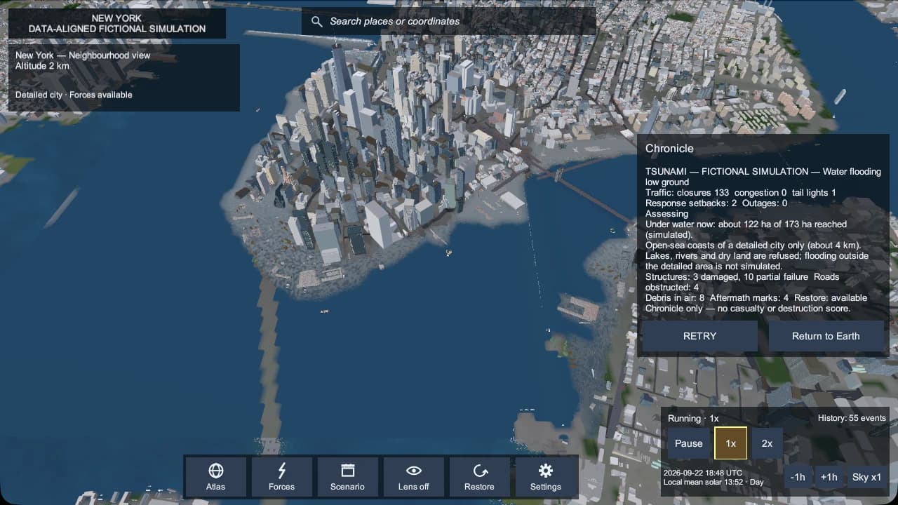 Disaster: Earth tsunami at Lower Manhattan from 2 km: floodwater over the low ground around the tip of the island, and a chronicle reporting road closures, 3 damaged structures and about 122 hectares under water.