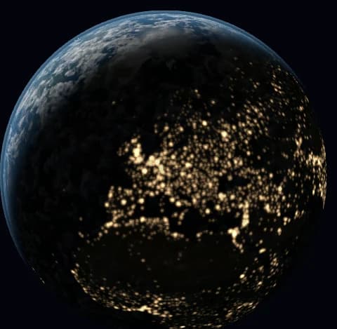 Disaster: Earth globe at night over Europe, with clustered warm points of light across the continent and a daylit edge to the west.
