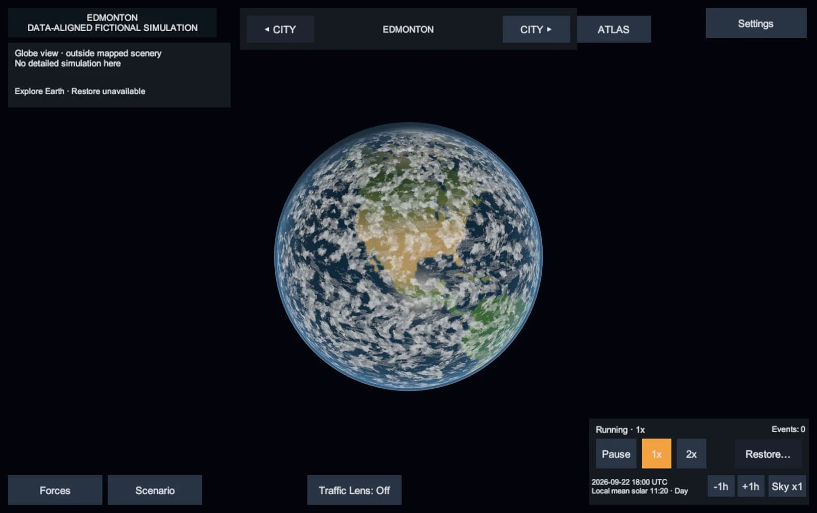 Disaster: Earth development build at orbit: the whole globe over North America with procedural clouds, Atlas and city controls along the top, a readout saying globe view outside mapped scenery, and Forces, Scenario, Restore and time controls along the bottom.