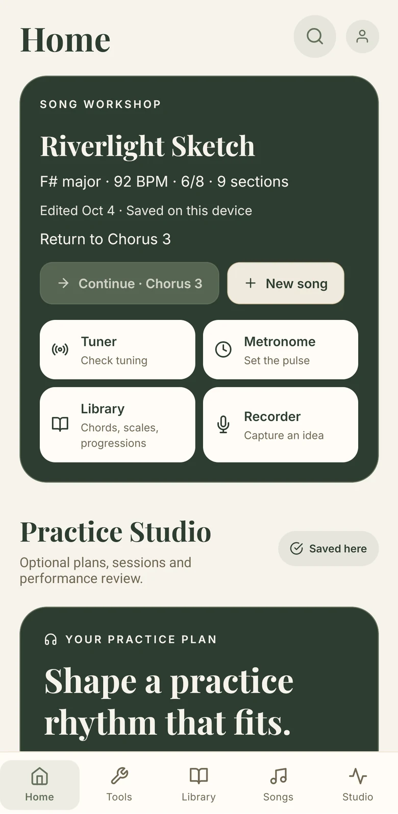 MusicSense Home with the song workshop card for Riverlight Sketch, nine sections saved on this device, Continue at Chorus 3 and New song, plus Tuner, Metronome, Library and Recorder.