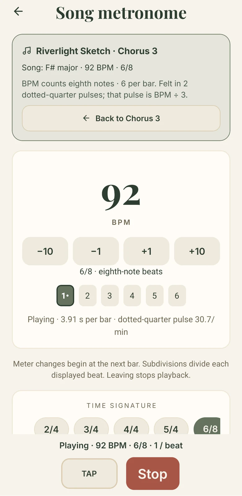 MusicSense song metronome for Riverlight Sketch Chorus 3 at 92 BPM in six-eight time, playing, with tempo buttons, beat markers and time signature choices.