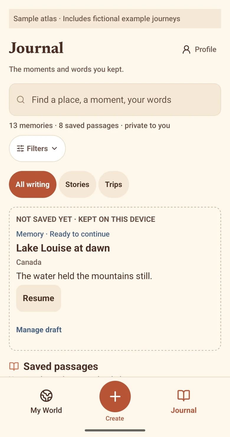 Pastport Journal with a search field, 13 memories and 8 saved passages, filters for All writing, Stories and Trips, and an unfinished Lake Louise at dawn memory marked Not saved yet, kept on this device, with Resume.
