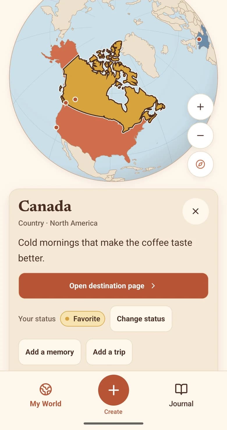 Pastport place card for Canada on the globe, with a sample note, Open destination page, a Favorite status, and Add a memory and Add a trip buttons.