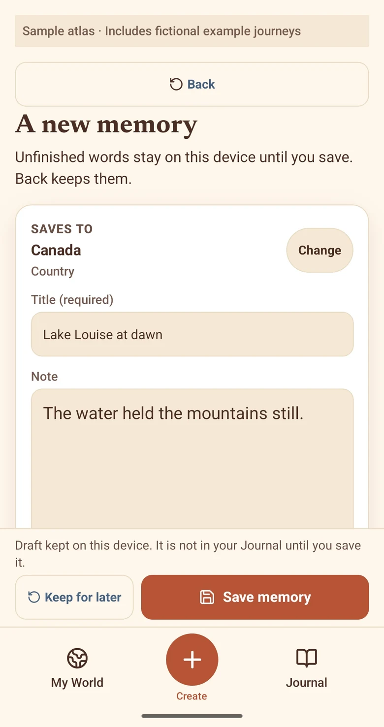 Pastport new-memory editor saving to Canada, titled Lake Louise at dawn, with a note, Keep for later and Save memory buttons.