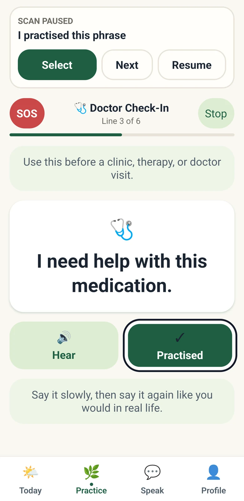 Speech Forward Doctor Check-In script on line 3 of 6, showing I need help with this medication. in large type, with Hear and Practised buttons and the scanning highlight on Practised.