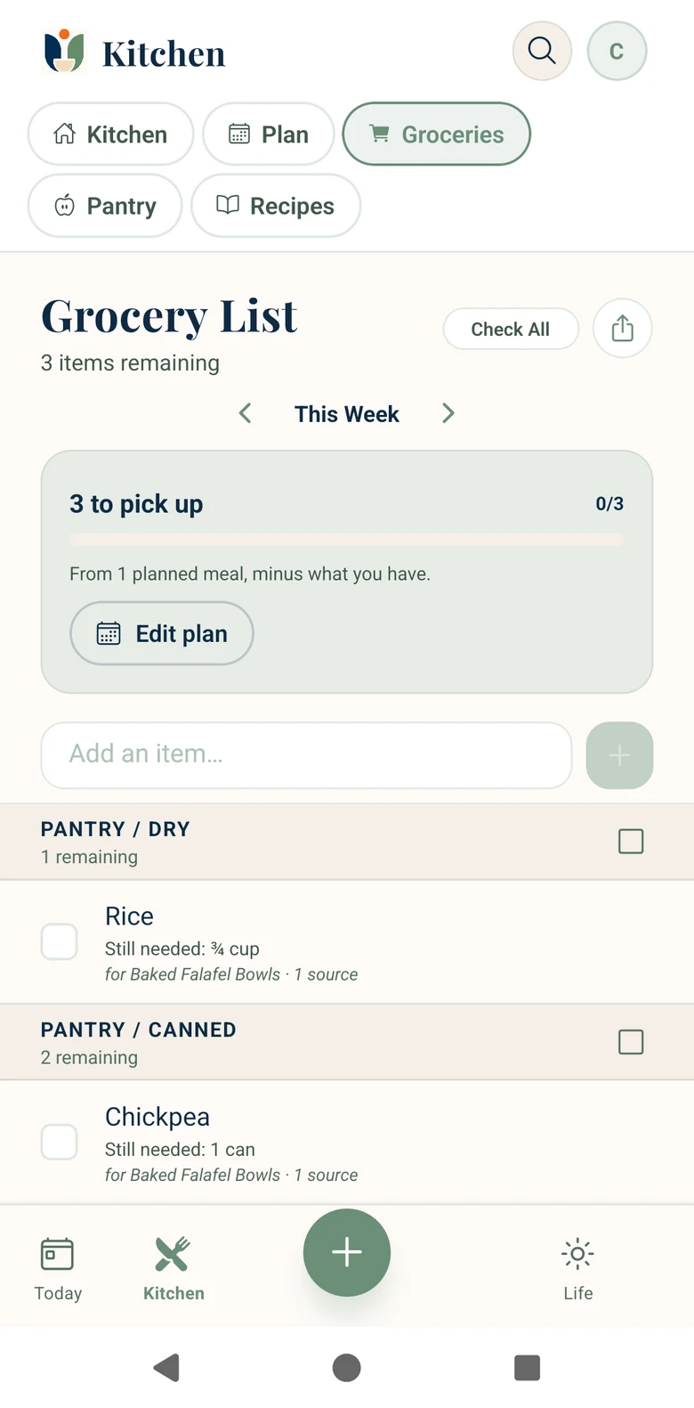 Unburden grocery list for this week with three items to pick up from one planned meal, grouped into pantry dry and pantry canned, with rice and chickpeas still needed for Baked Falafel Bowls.