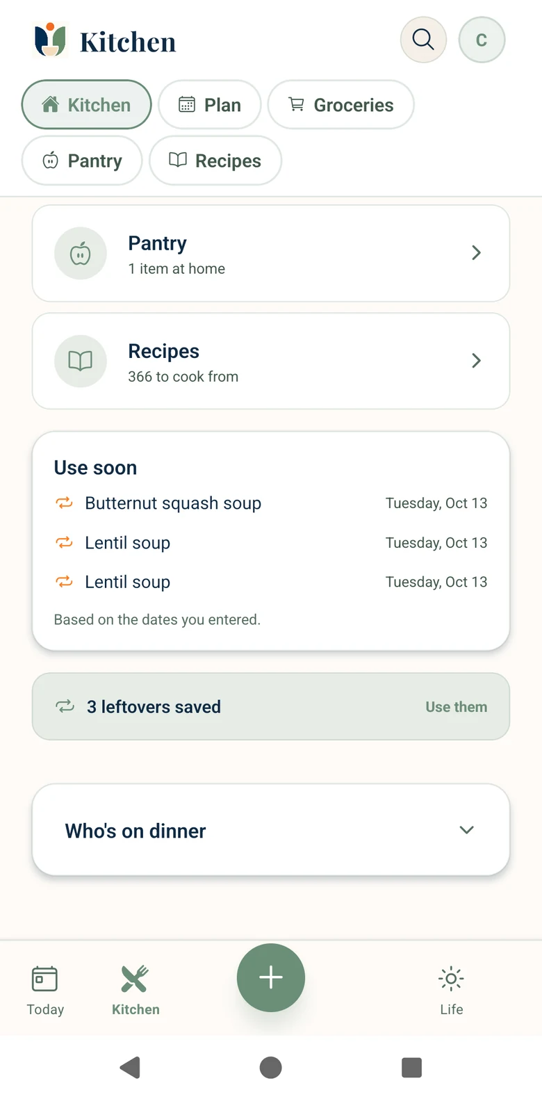 Unburden Kitchen showing Pantry with one item at home, Recipes, a Use soon list of butternut squash soup and two lentil soups dated Tuesday, October 13, three leftovers saved, and a Who's on dinner panel.