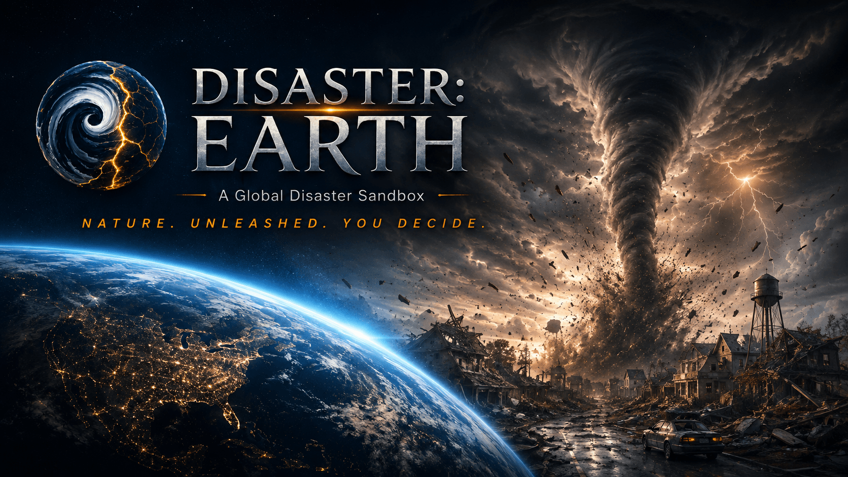 Disaster: Earth key art reading Nature. Unleashed. You decide., with a storm-lit planet seen from orbit beside a towering tornado.