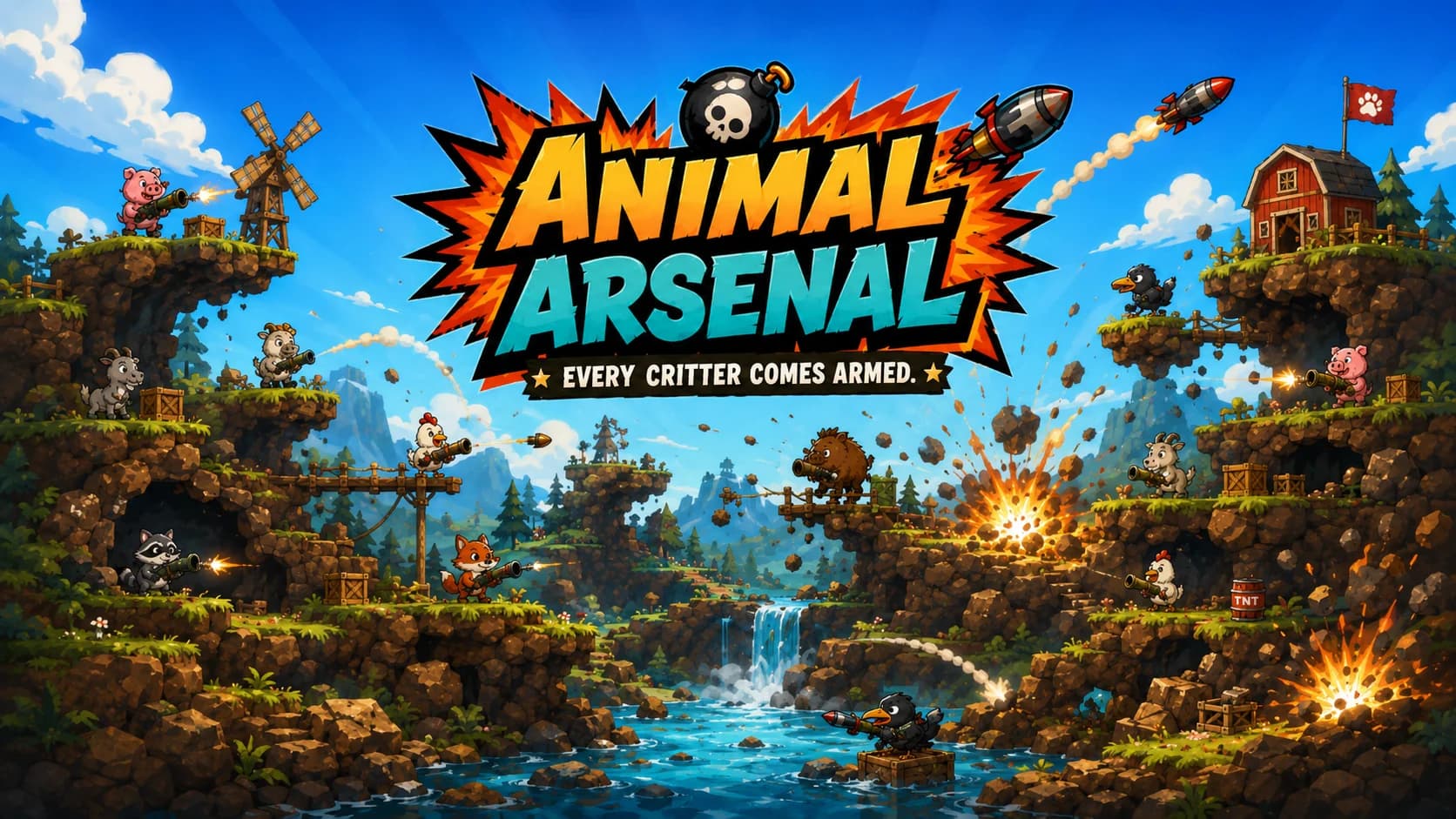 Animal Arsenal key art reading Every critter comes armed., with animal teams battling across a bright destructible farm landscape.