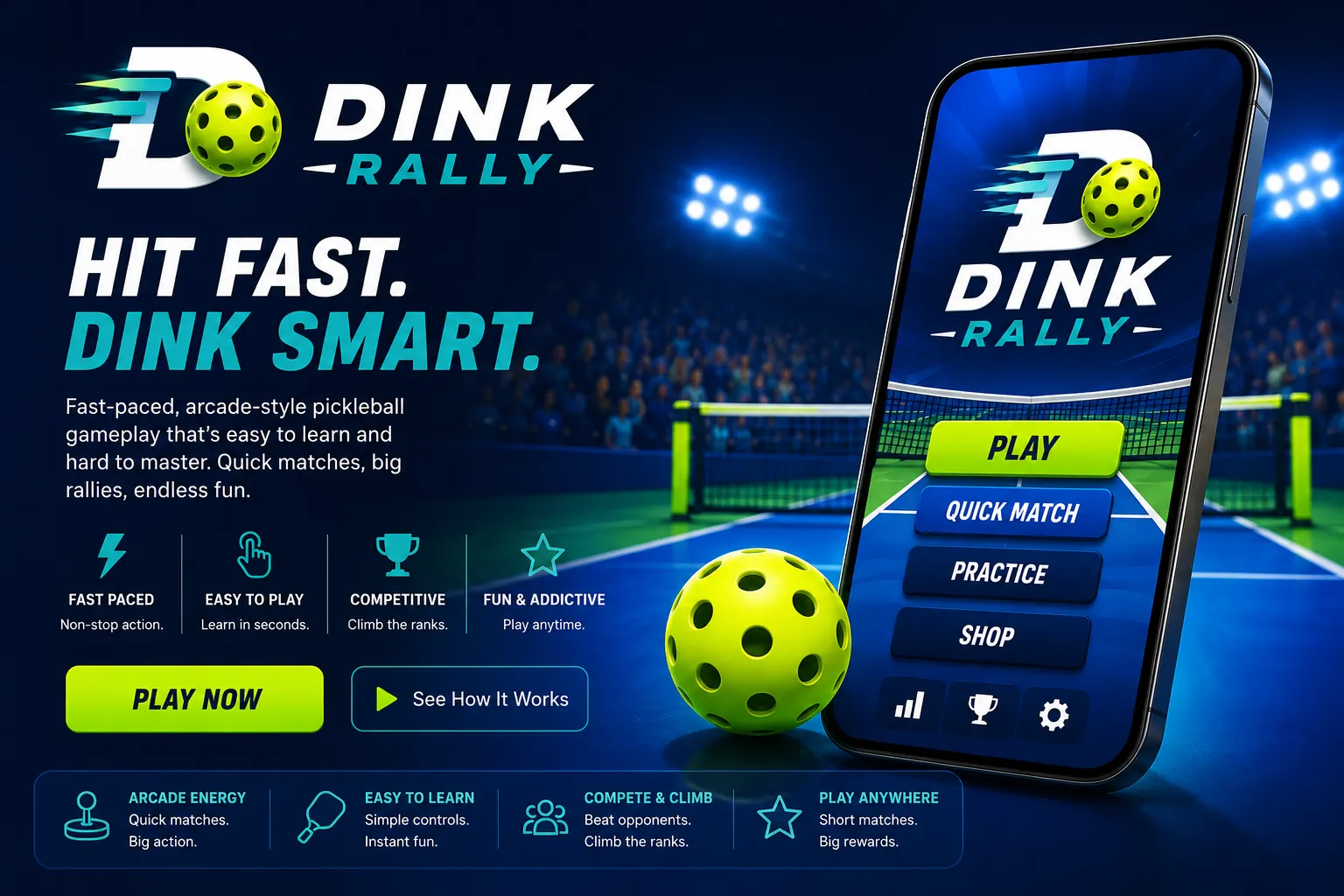 Dink Rally hero art showing arcade pickleball gameplay on a mobile phone.