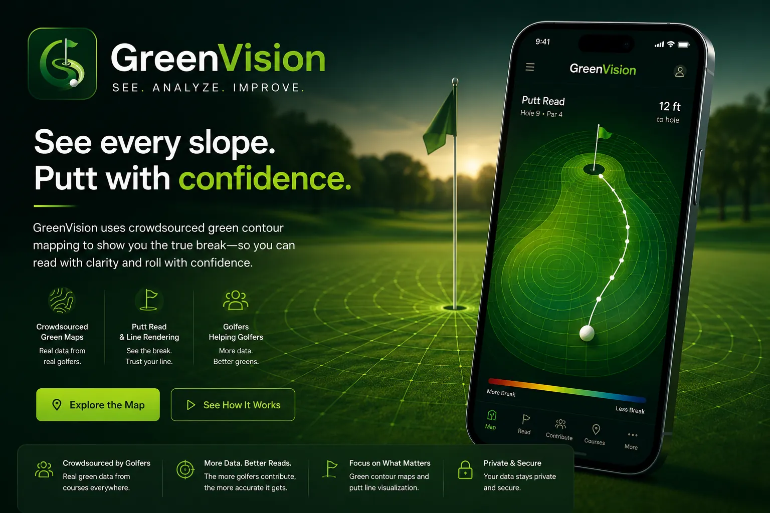 GreenVision hero art showing golf green contour mapping and putt reading.