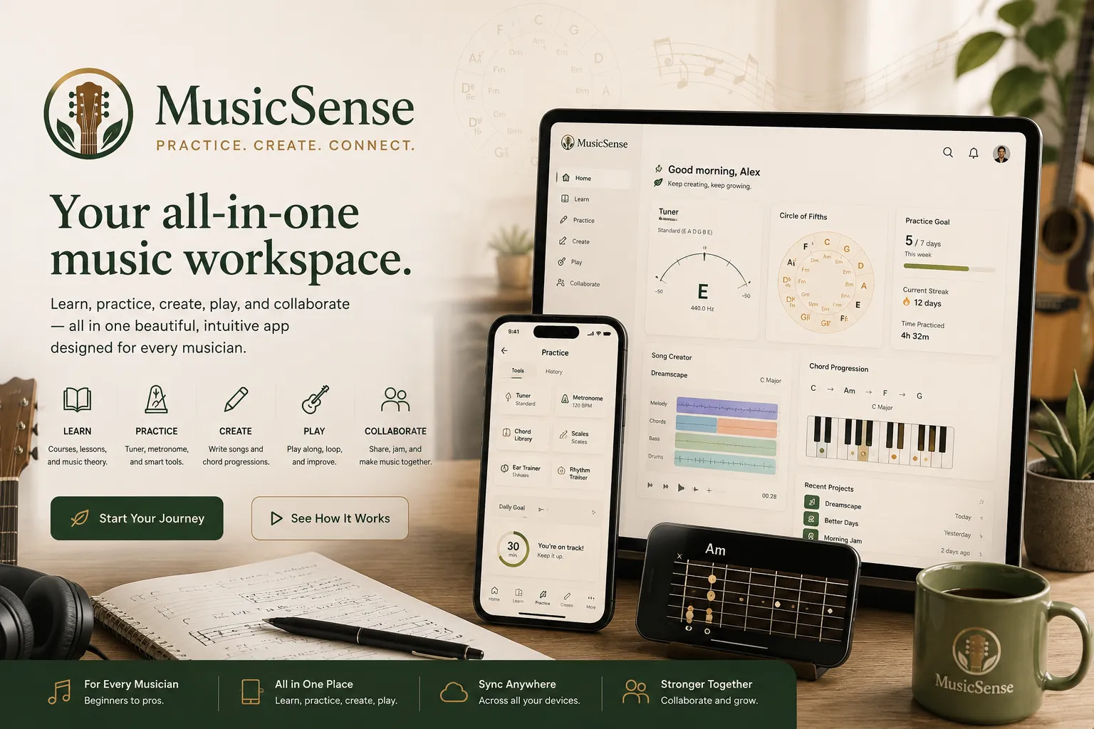 MusicSense hero art showing music practice and songwriting tools across devices.